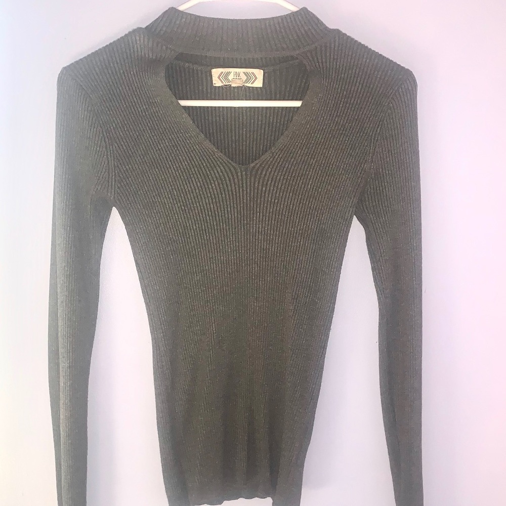 Choker Styled, V-Neck, Gray Sweater